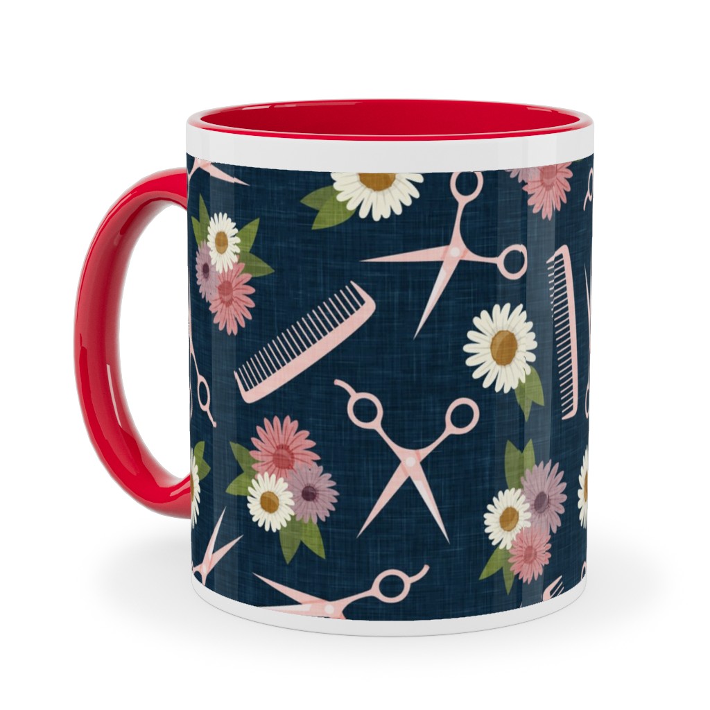 Floral Shears and Combs - Pink & Blue Ceramic Mug, Red, , 11oz, Pink, Bright Pink