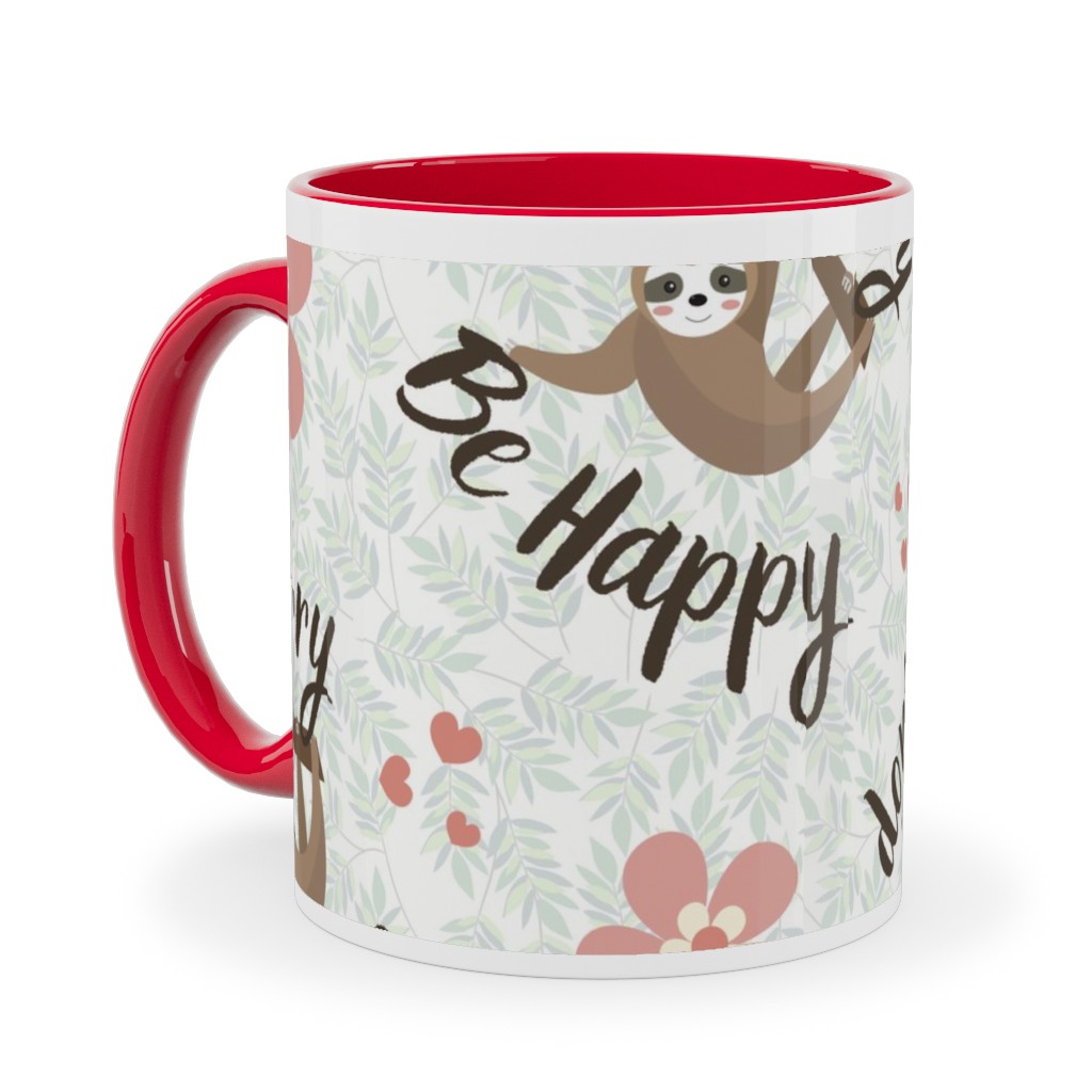 Don't Hurry Be Happy Sloth Ceramic Mug, Red, , 11oz, Beige, Pearl