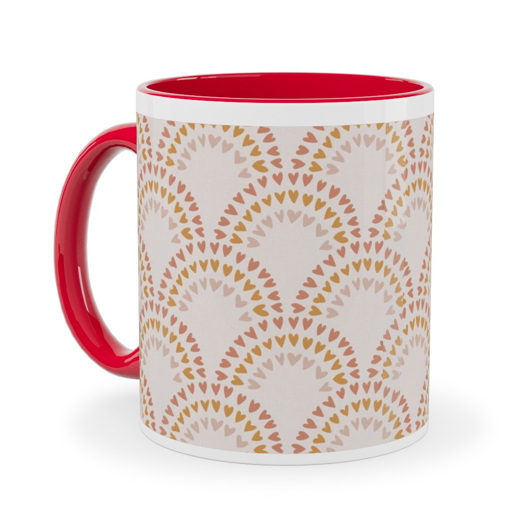 Scalloped Heart Rainbows - Mustard and Pink Ceramic Mug, Red, , 11oz, Pink, Bright Pink