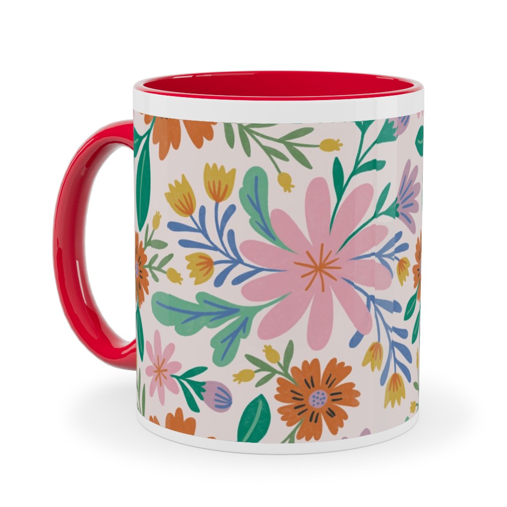 Happy Flowers - Pink Multi Ceramic Mug, Red, , 11oz, Pink, Bright Pink