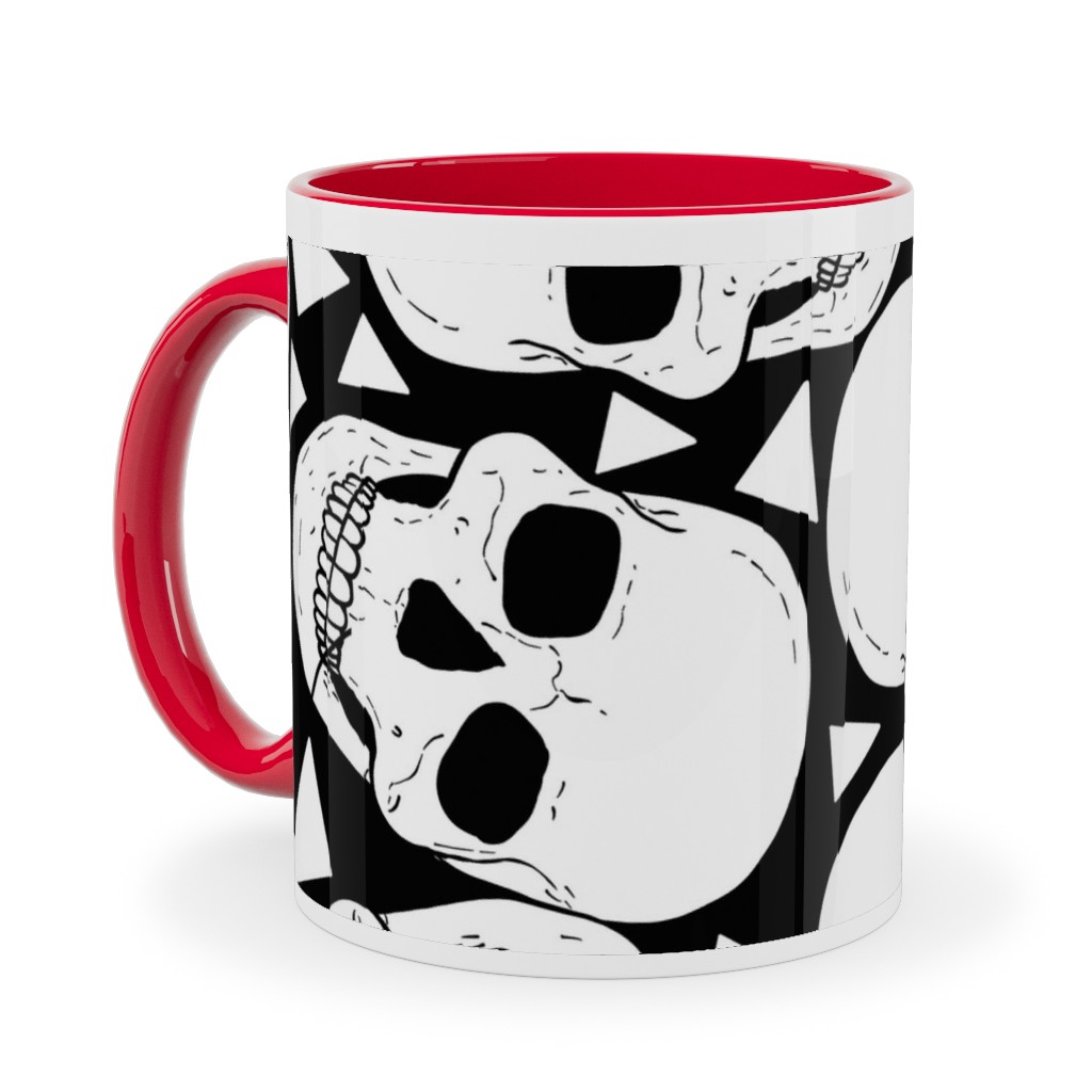 Skulls With Triangles - Black and White Ceramic Mug, Red, , 11oz, White, White