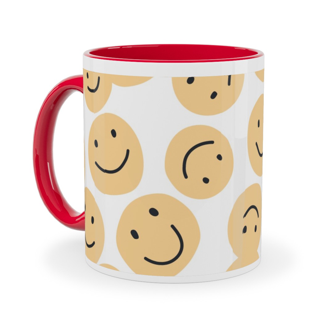 Happy Smiley Faces - Yellow Ceramic Mug, Red,  , 11oz, Yellow
