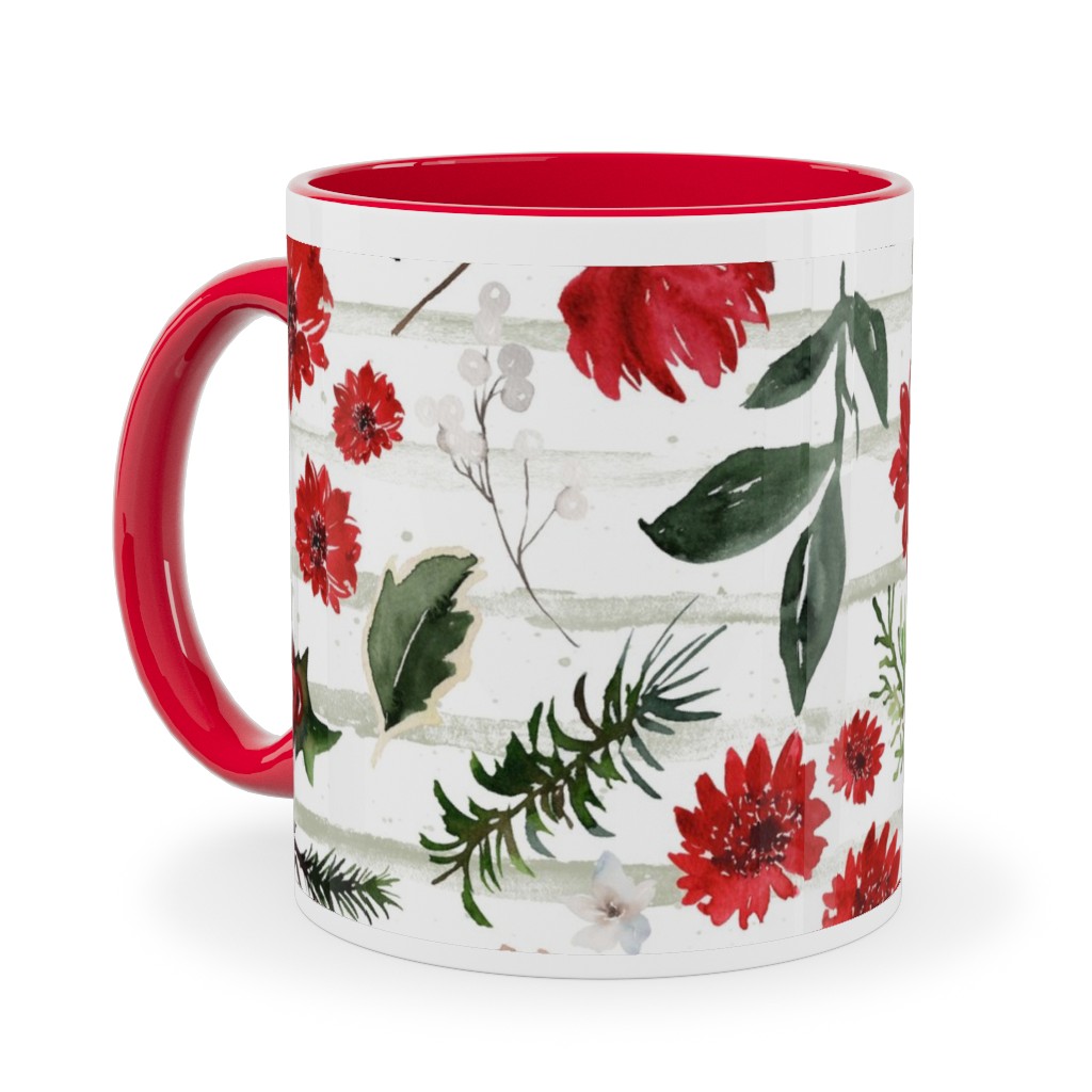 Jolly Christmas Florals - Mint Sage Stripes Ceramic Mug, Red, , 11oz, Multicolor
