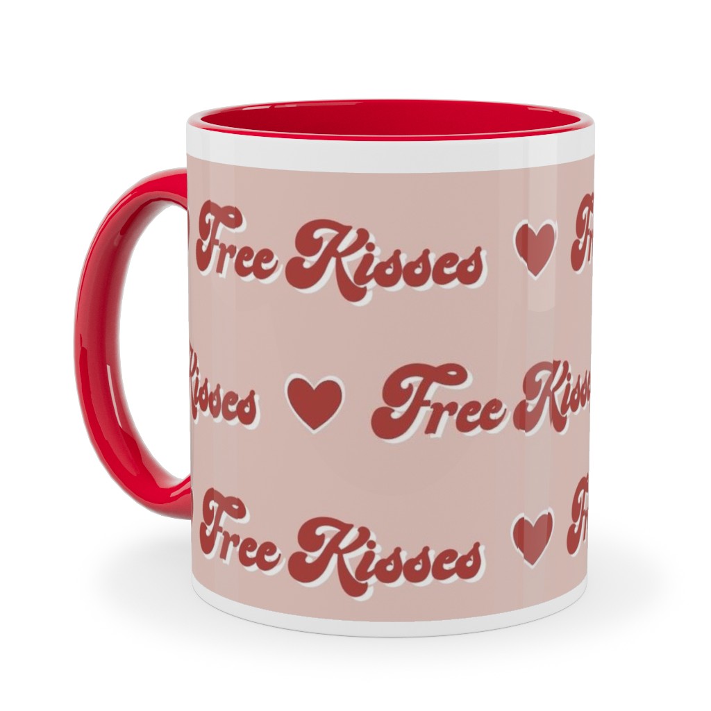 Free Kisses - Retro Hearts - Red on Pink Ceramic Mug, Red, , 11oz, Pink, Bright Pink