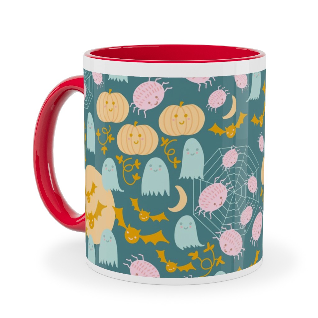 Cute Pastel Halloween Scene in Candy Colors - Pumpkin Ghost Spider Web Bat - Multi Ceramic Mug, Red,  , 11oz, Multicolor