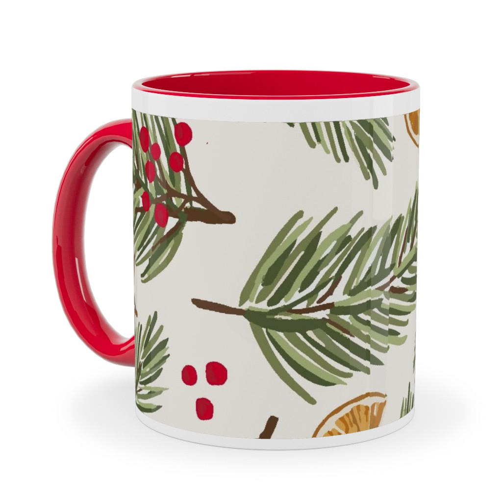 Festive Christmas Pine Sprigs and Orange Slices Ceramic Mug, Red, , 11oz, Multicolor