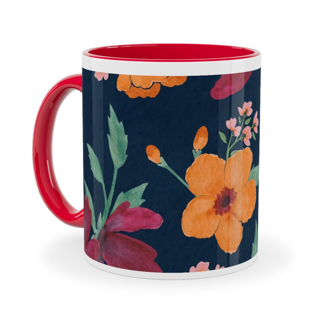 Watercolor Autumn Florals - Navy Ceramic Mug, Red, , 11oz, Multicolor