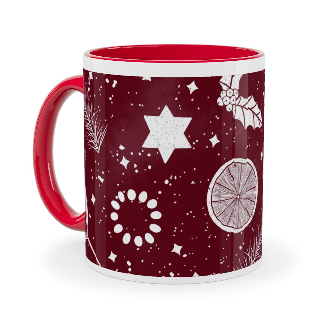 Festive Christmas Print Stars, Mistletoe, Orange, Holly and Pine Branch on Burgundy Ceramic Mug, Red,  , 11oz, Red