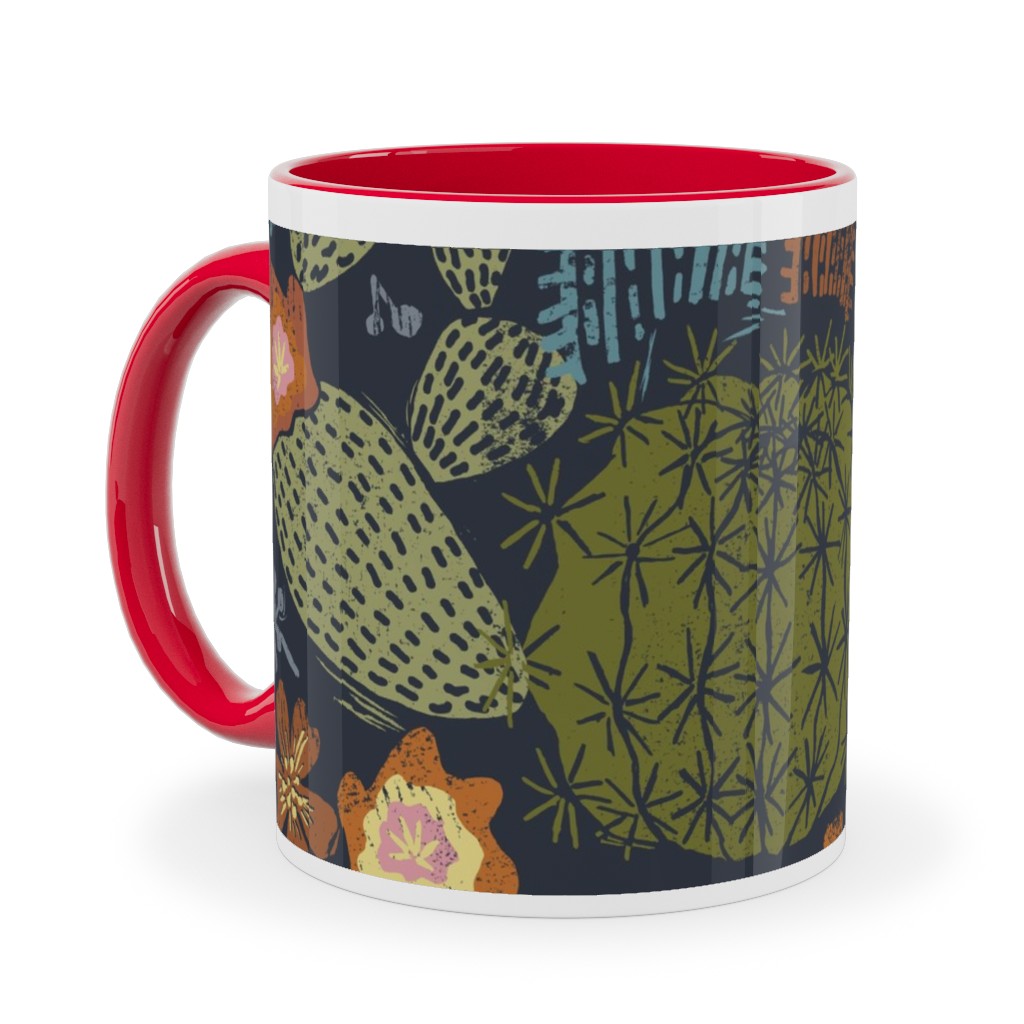 Cactus Garden - Block Print Style - Dark Ceramic Mug, Red,  , 11oz, Green