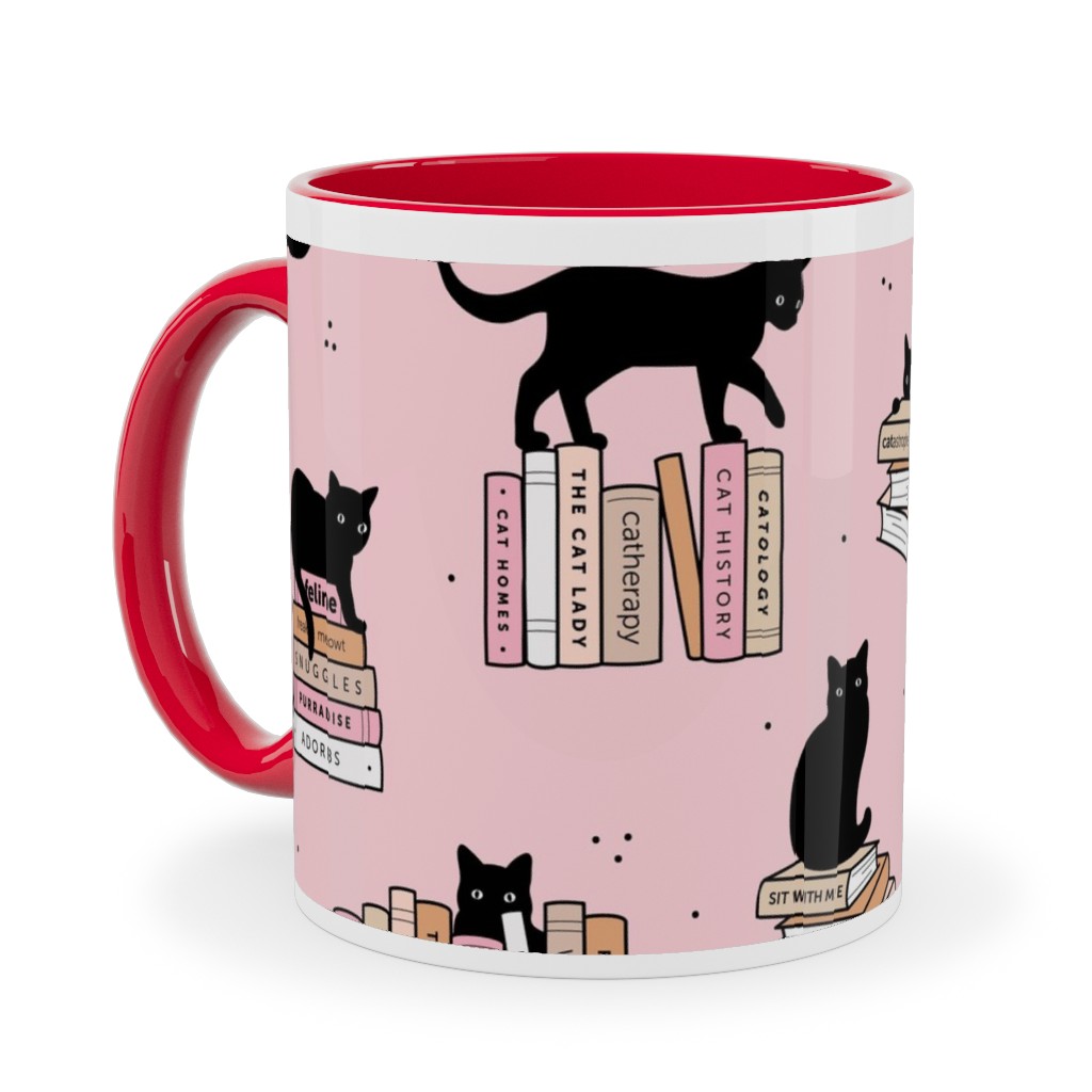 Cats and Books Ceramic Mug, Red, , 11oz, Pink, Delicate Rose