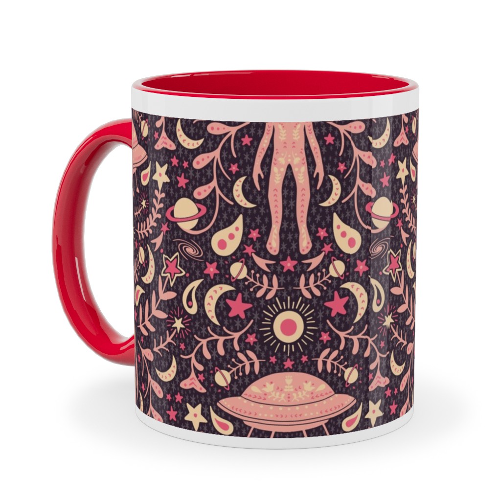 Folk Art Alien Ceramic Mug, Red,  , 11oz, Pink