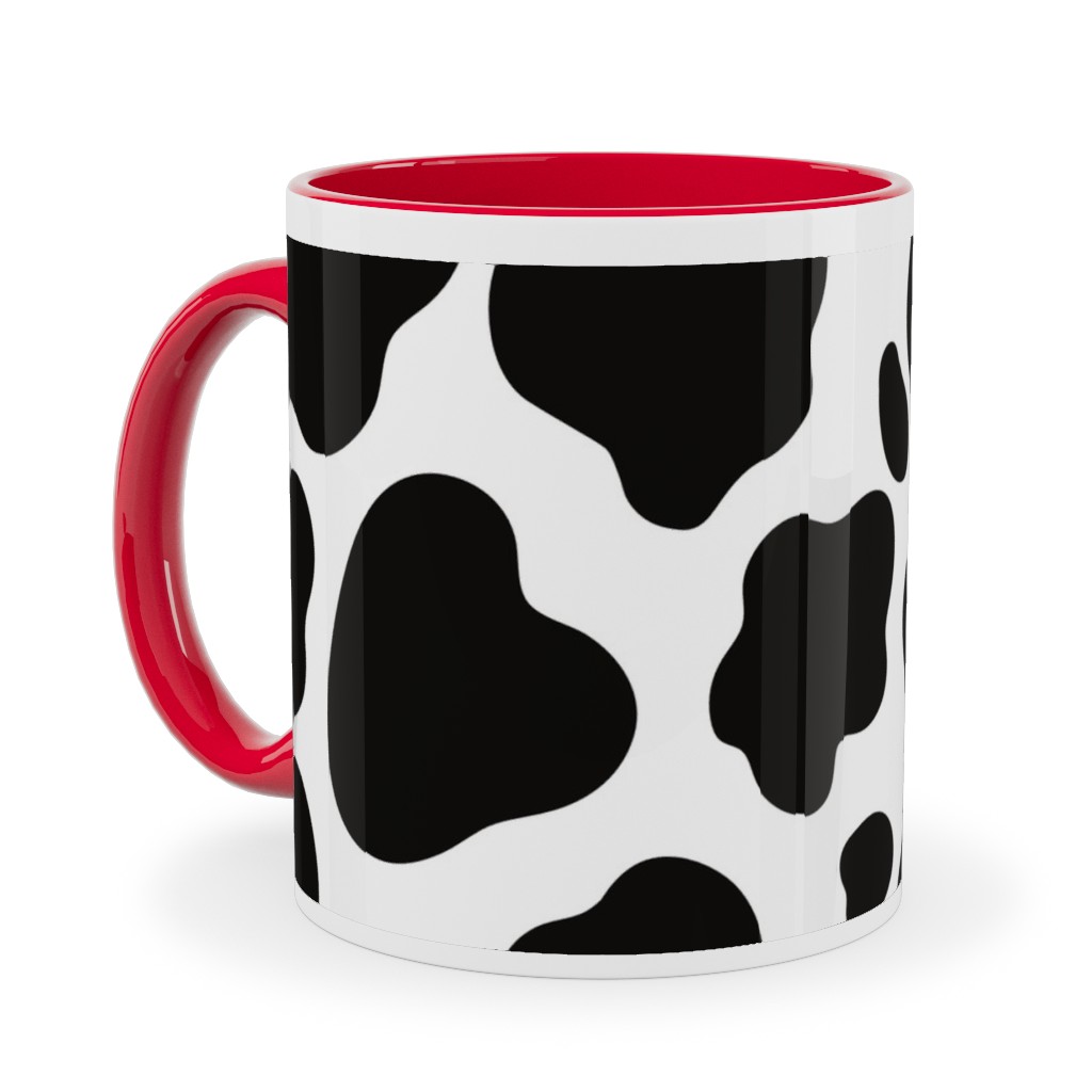 Cow Spots Pattern - Black on White Ceramic Mug, Red, , 11oz, Black, Black