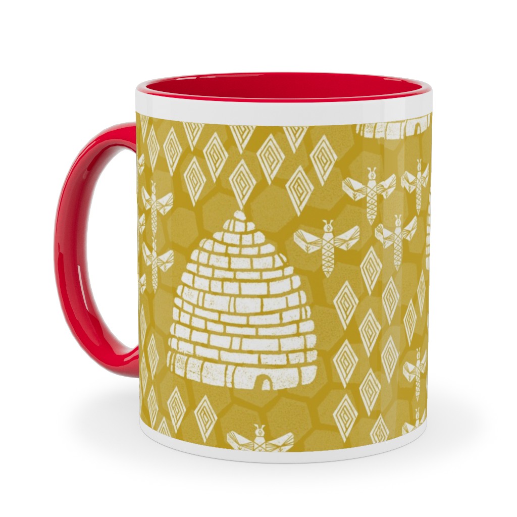 Bee Hives, Spring Florals Linocut Block Printed - Golden Yellow Ceramic Mug, Red, , 11oz, Yellow, Classic Yellow