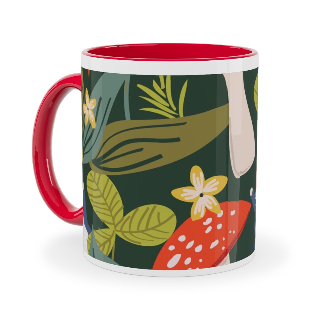 Woodland Gnomes & Mushrooms - Green Ceramic Mug, Red, , 11oz, Green, Classic Green