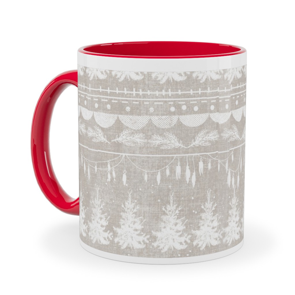 Vintage Christmas Stripe Ceramic Mug, Red,  , 11oz, Gray