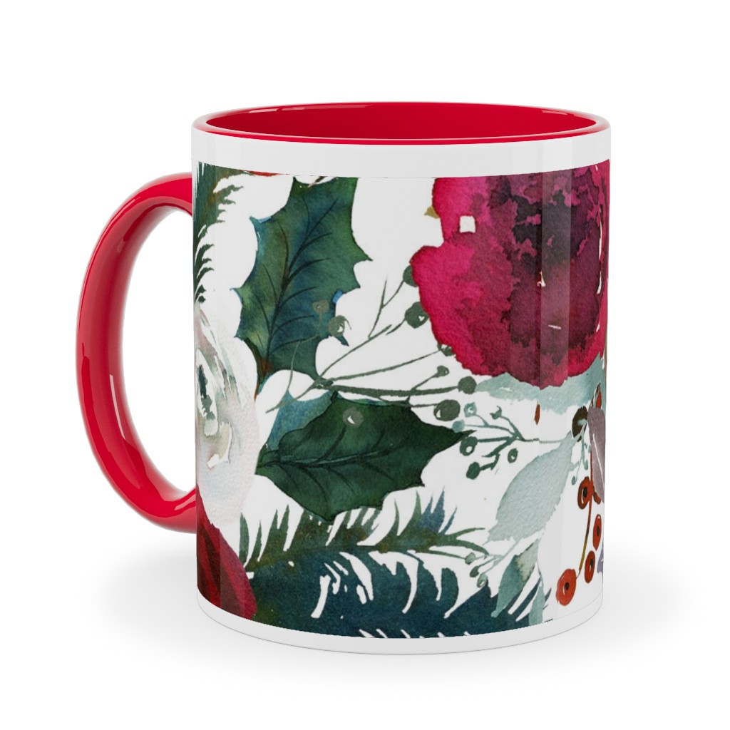Holiday Florals Red on White Ceramic Mug, Red, , 11oz, Multicolor