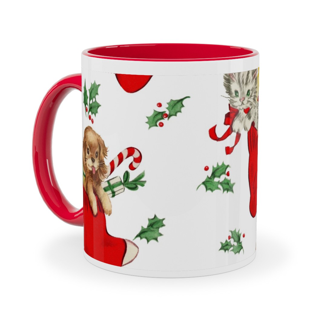 Vintage Christmas Kittens and Puppies Ceramic Mug, Red,  , 11oz, Multicolor