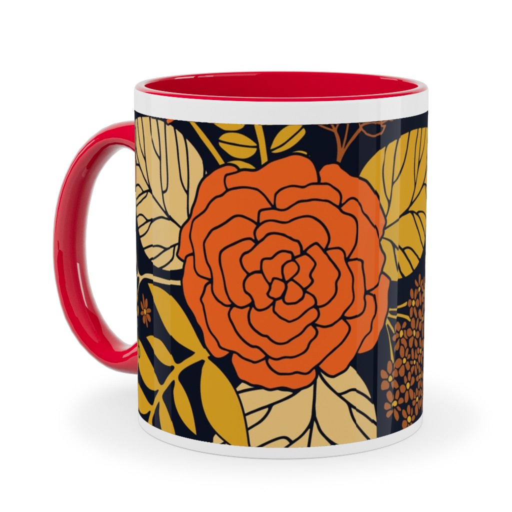 Retro Floral - Orange Brown and Yellow Ceramic Mug, Red, , 11oz, Orange, Orange