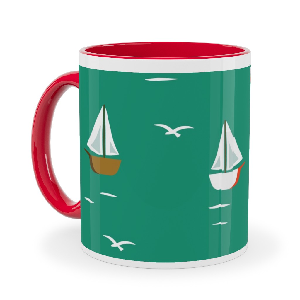 Sailboats Ceramic Mug, Red, , 11oz, Green, Celadon