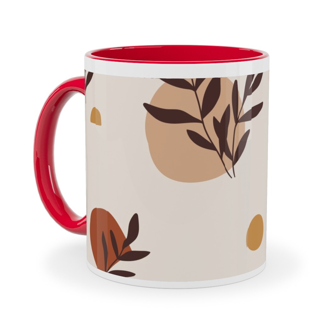 Abstraction and Tropical Leaves - Light Ceramic Mug, Red, , 11oz, Beige, Pearl