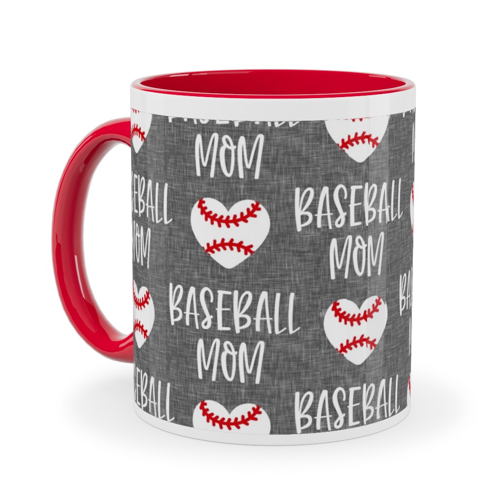 Baseball Mom - Baseball Heart - White on Grey Ceramic Mug, Red, , 11oz, Gray, Gray