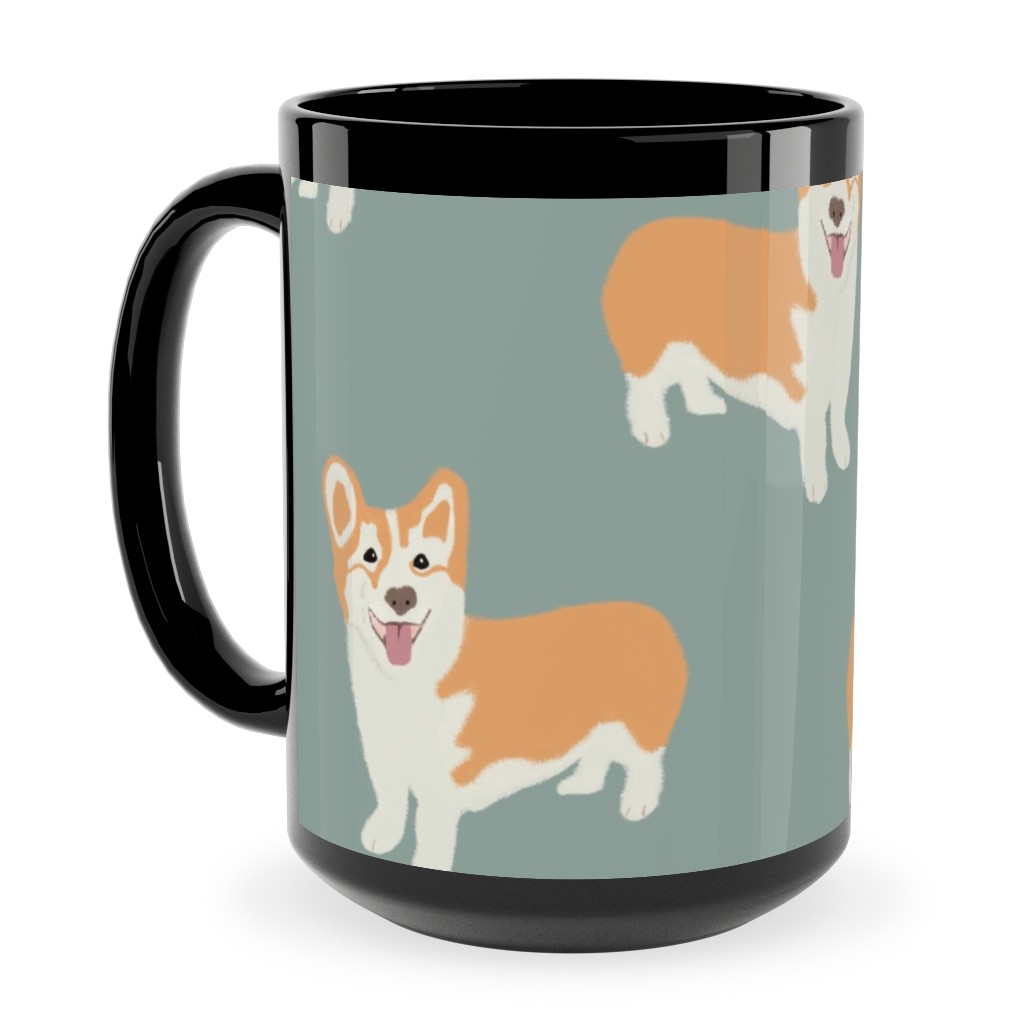 Corgi Ceramic Mug, Black, , 15oz, Green, Basil