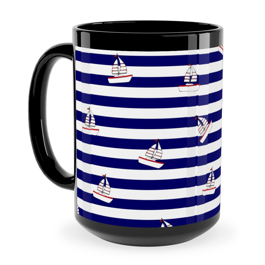 Sea and Boats Stripes - Blue Ceramic Mug, Black,  , 15oz, Blue
