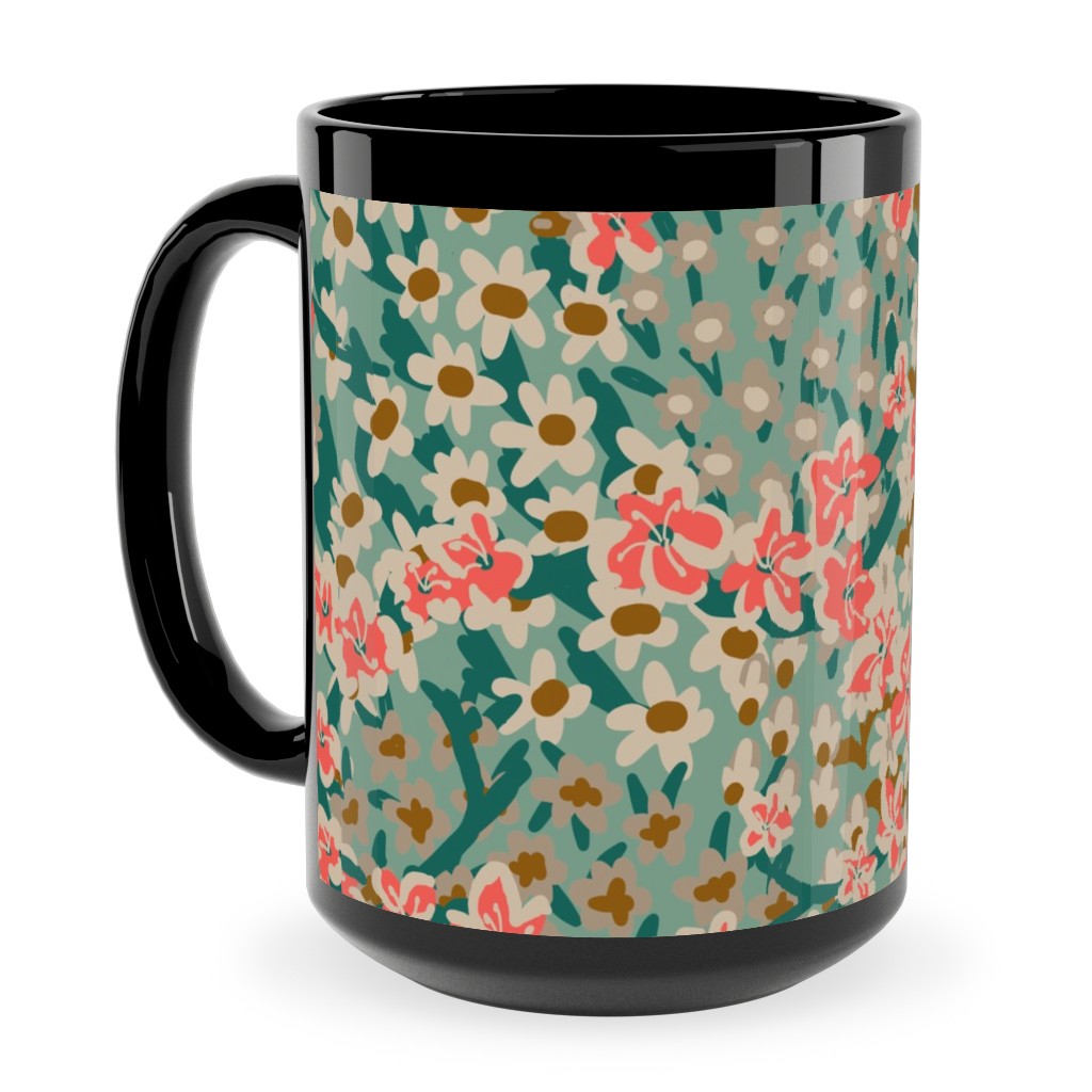 Bengal Kuma Floral - Multi Ceramic Mug, Black, , 15oz, Green, Classic Green