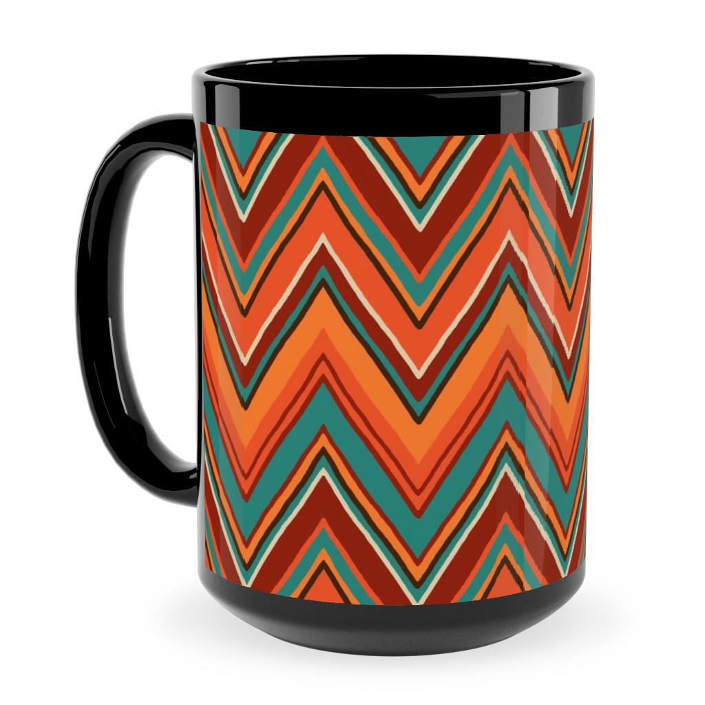 Fall Crazy Chevron - Orange and Teal Ceramic Mug, Black,  , 15oz, Orange
