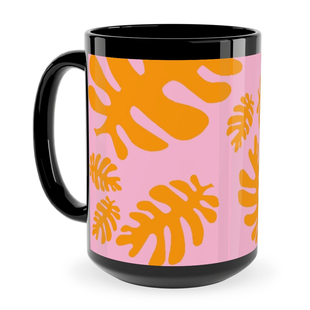 Funky Tropical Leaf - Orange and Blush Ceramic Mug, Black,  , 15oz, Pink