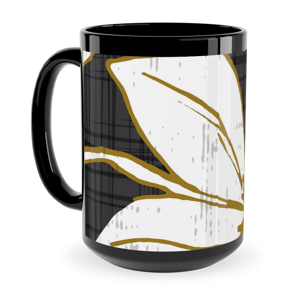 Lilium - Floral - Charcoal Black & White Ceramic Mug, Black,  , 15oz, Black