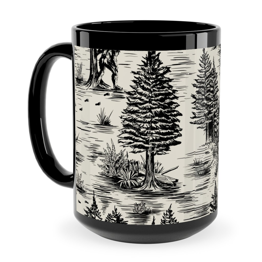 Bigfoot Sasquatch Toile De Jouy Ceramic Mug, Black,  , 15oz, Black