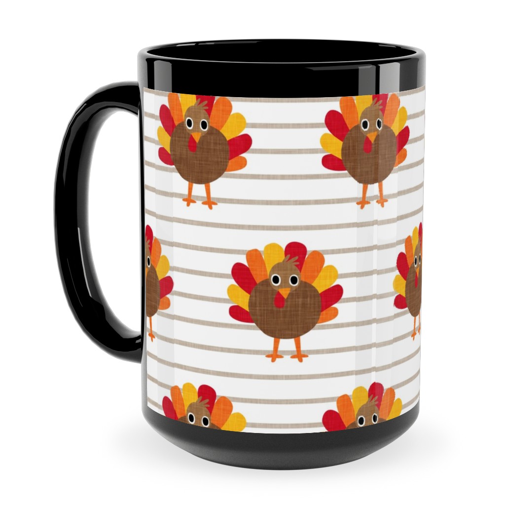 Cute Thanksgiving Turkey - on Khaki Stripes Ceramic Mug, Black, , 15oz, Orange, Orange