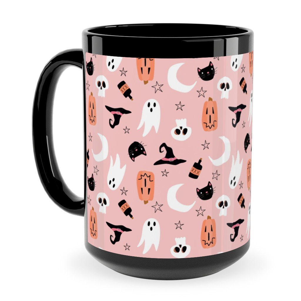 Sweet Halloween - Pumpkin, Witch, Ghost, & Cat - Pink Ceramic Mug, Black,  , 15oz, Pink