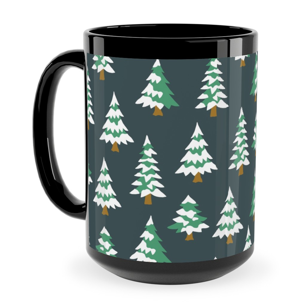 Winter Village Trees With Snow - Dark Ceramic Mug, Black, , 15oz, Green, Classic Green