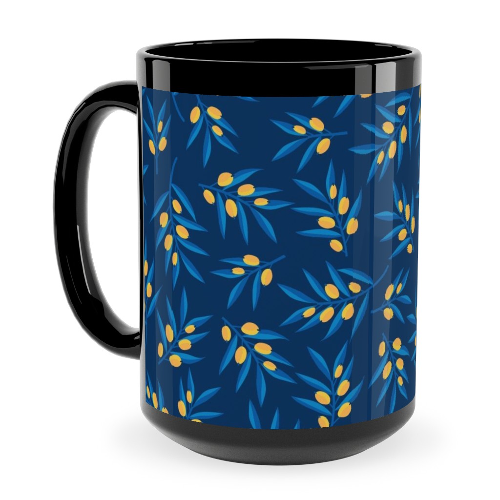 Olive Branches - Blue and Yellow Ceramic Mug, Black, , 15oz, Blue, True Blue