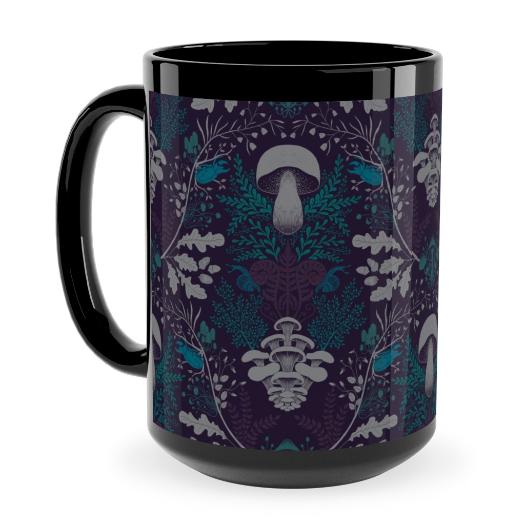Mushroom Forest Damask Ceramic Mug, Black, , 15oz, Multicolor, Baltic