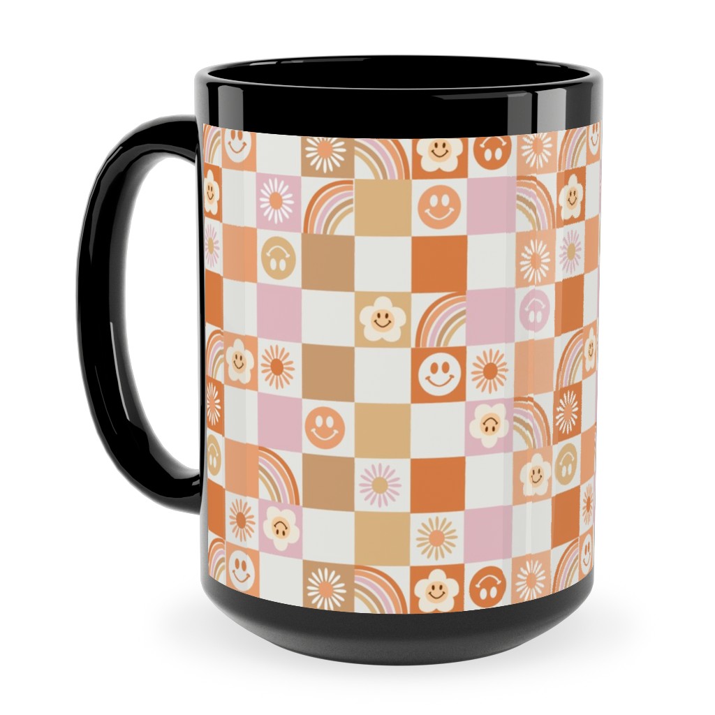 Retro Checkerboard - Daisy, Smile, Happy - Pink Orange Ceramic Mug, Black, , 15oz, Orange, Orange