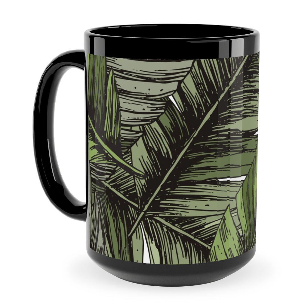 Tropical Palm Leaves - Green Ceramic Mug, Black,  , 15oz, Green