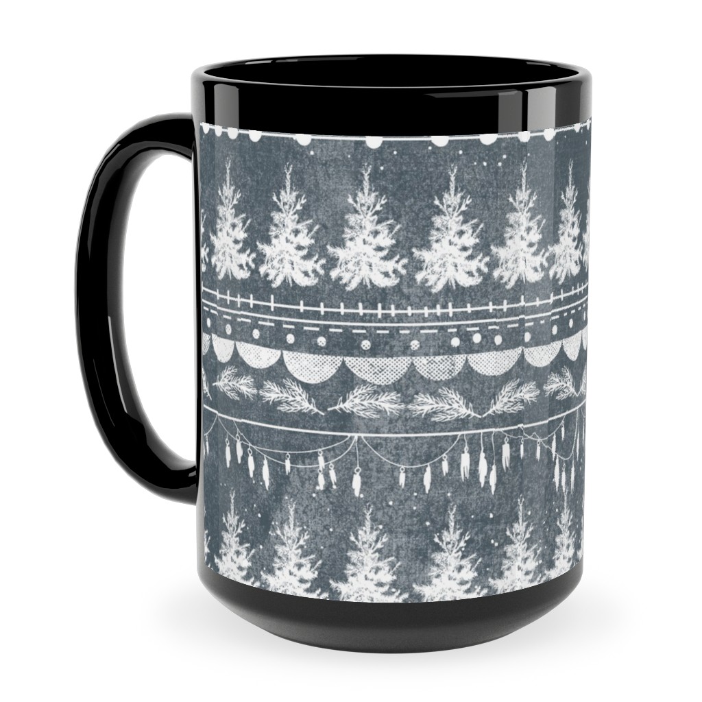 Vintage Christmas Stripe Ceramic Mug, Black,  , 15oz, Gray