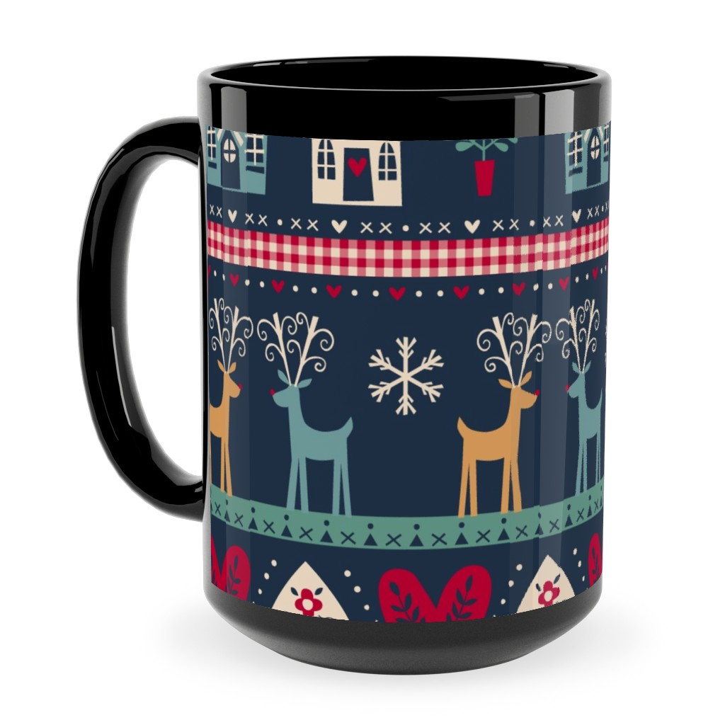 Vintage Nordic Christmas Ceramic Mug, Black, , 15oz, Multicolor, Seaweed