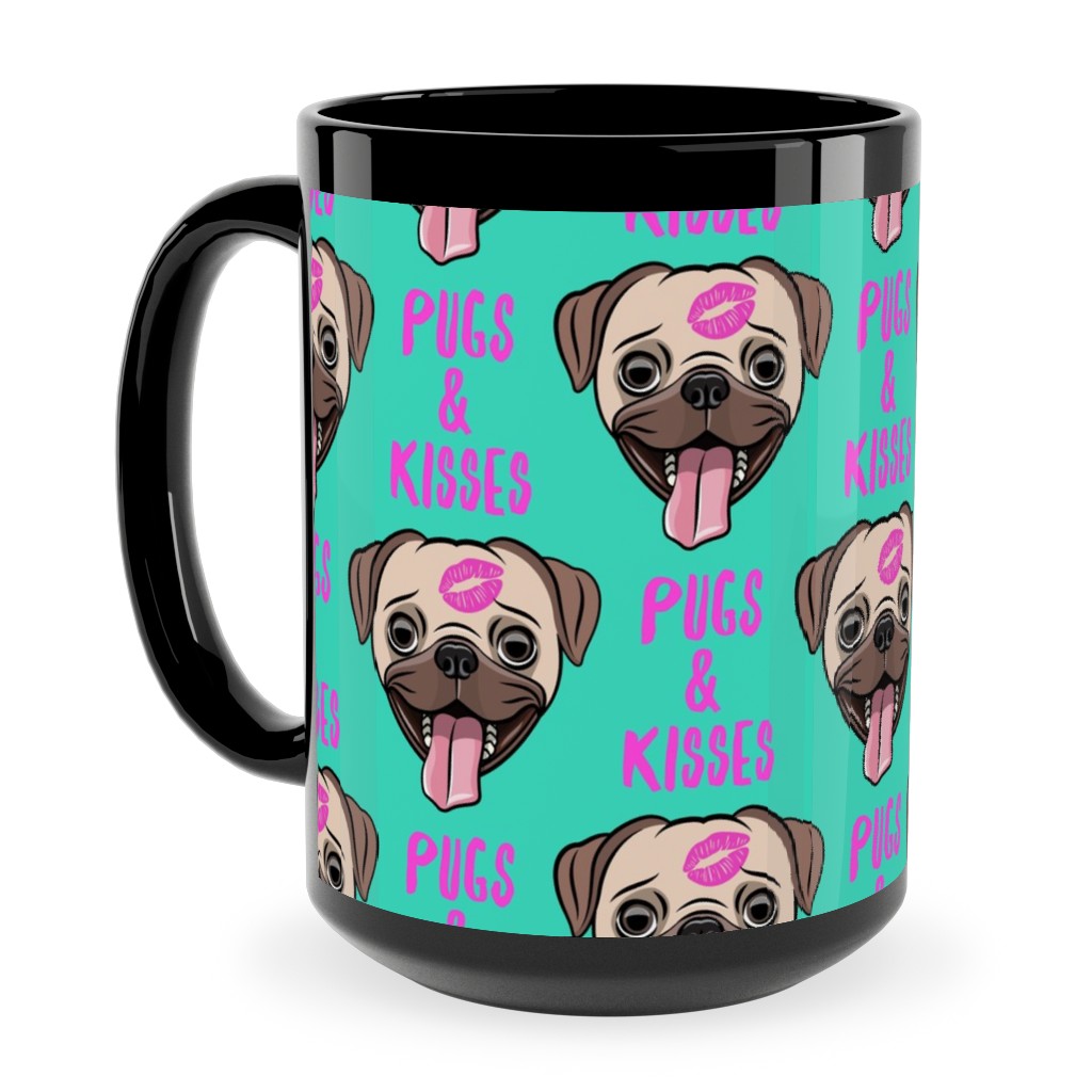 Pugs & Kisses - Cute Pug Dog - Teal Ceramic Mug, Black, , 15oz, Green, Classic Green