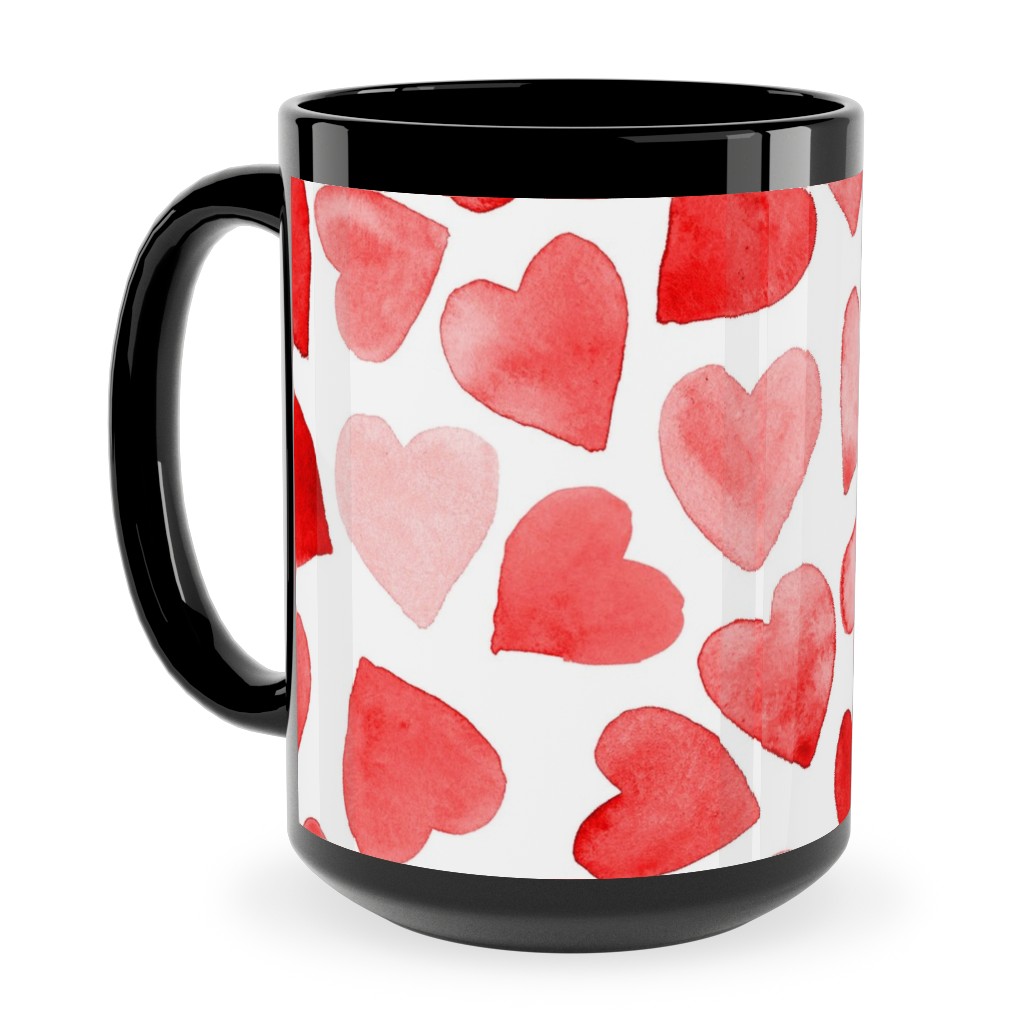 Red Hearts Watercolor - Red Ceramic Mug, Black,  , 15oz, Red