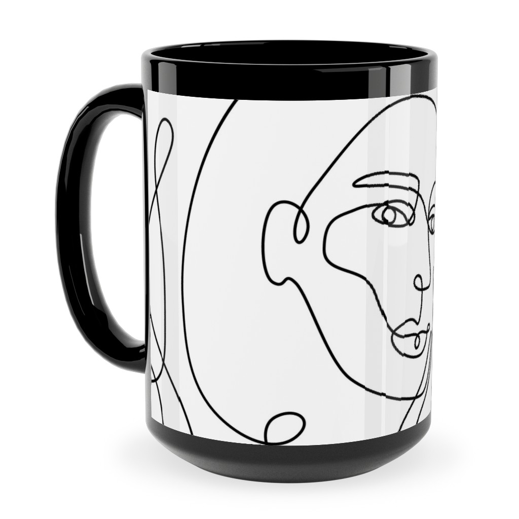 Hand Drawn Women Ceramic Mug, Black,  , 15oz, White