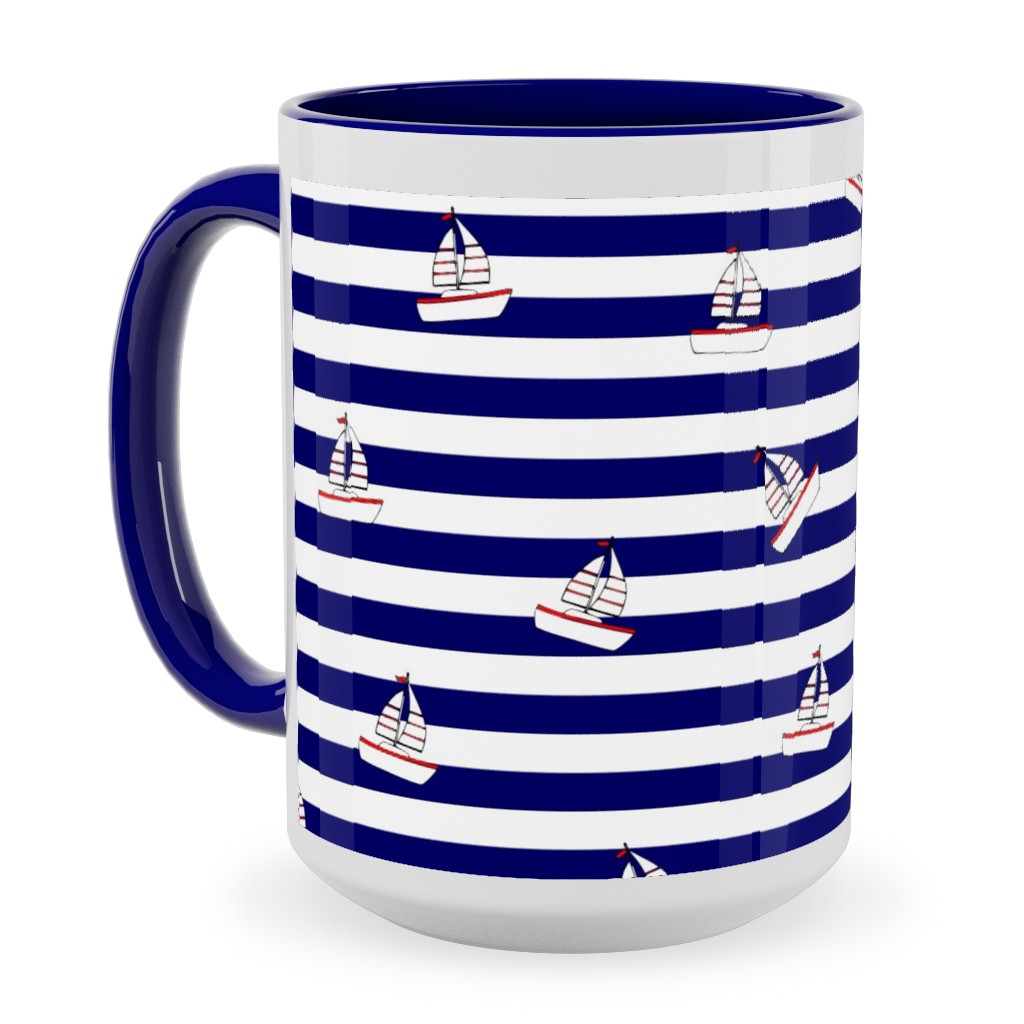 Sea and Boats Stripes - Blue Ceramic Mug, Blue,  , 15oz, Blue