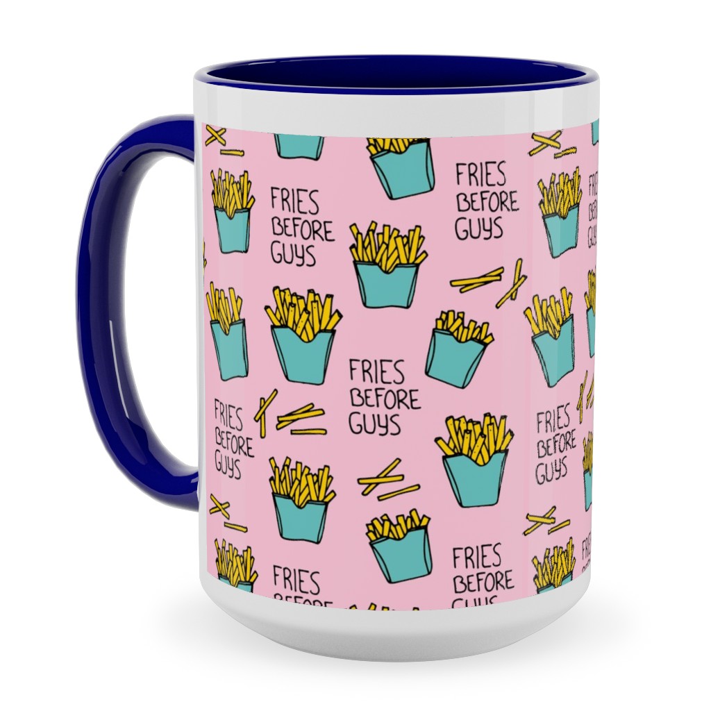 Fries Before Guys - Pop Art Food - Yellow Mint Pink Ceramic Mug, Blue,  , 15oz, Pink