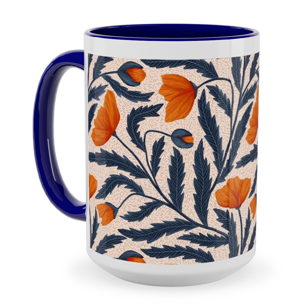 Poppy Flower - Blue and Orange Ceramic Mug, Blue, , 15oz, Blue, True Blue