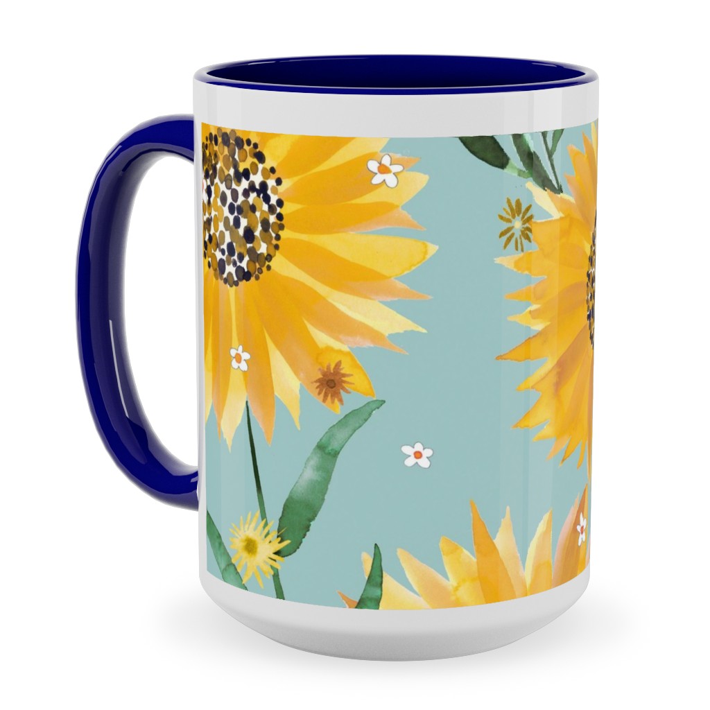 Watercolor Sunflowers - Yellow on Blue Ceramic Mug, Blue,  , 15oz, Yellow