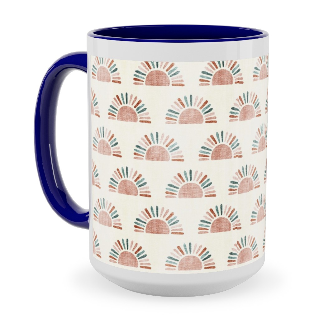 Sunshine - Block Print Boho Sun Print - Dusty Pink/Blue/Teracotta Ceramic Mug, Blue, , 15oz, Pink, Bright Pink