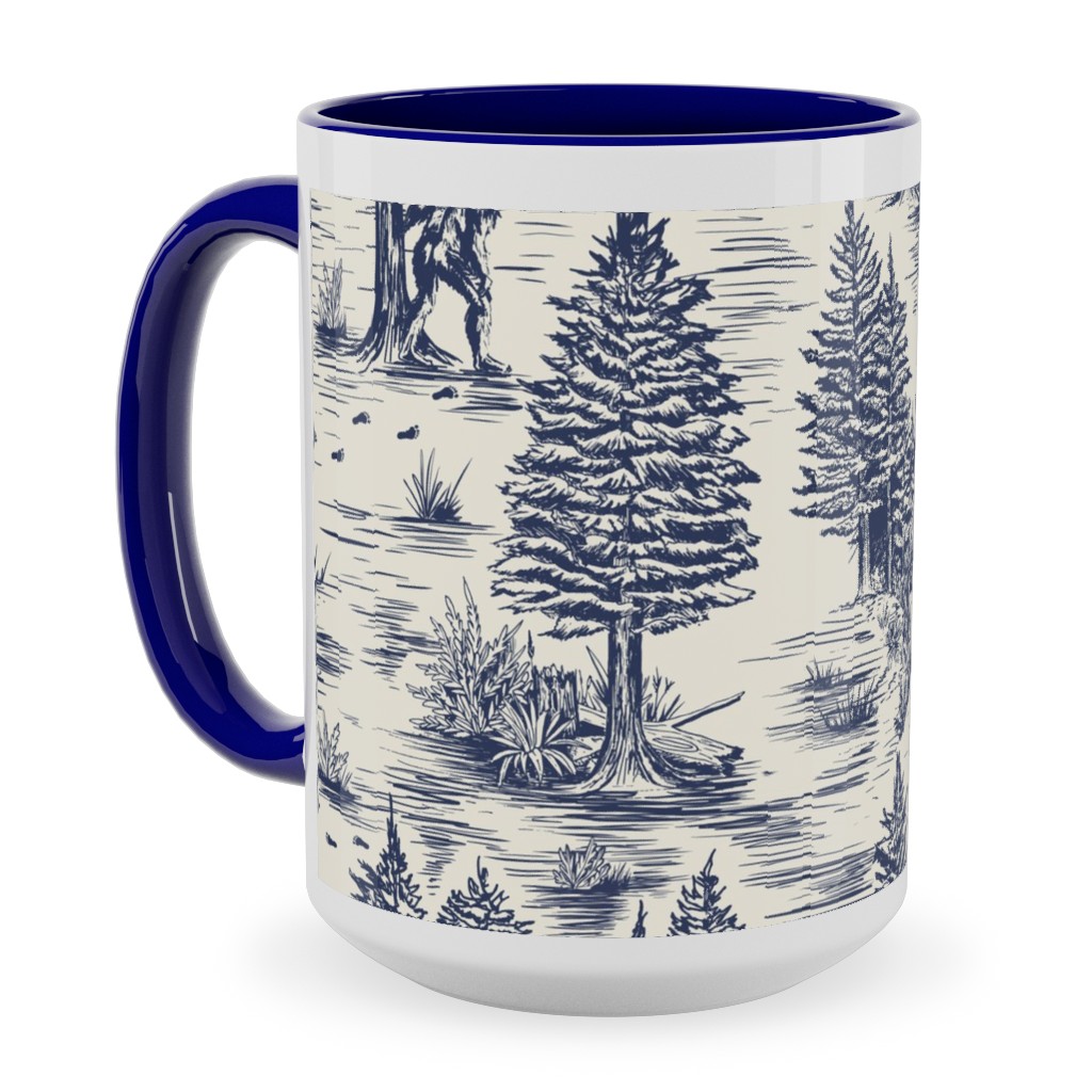 Bigfoot / Sasquatch Toile De Jouy - Blue Ceramic Mug, Blue,  , 15oz, Blue